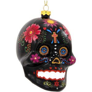 NWT Blown Glass Day of the Dead Black Skull Ornament-Cross-blue-gold-red-flowers